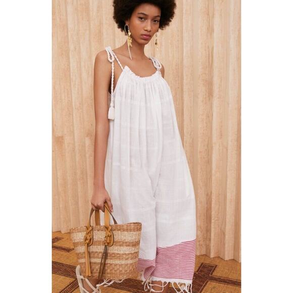 ULLA JOHNSON Sz P XS Adira Off White Red Stripe Coverup Dress Midi Tie Shoulder - Picture 14 of 14